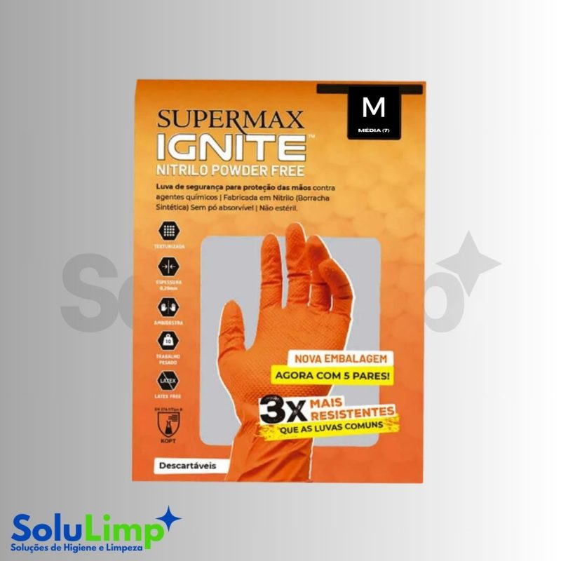 Luva Prot Supermax  Nitrilo Laranja Ignite Pt 5 Pares Tam M - Lote: 011996  Ca: 48823